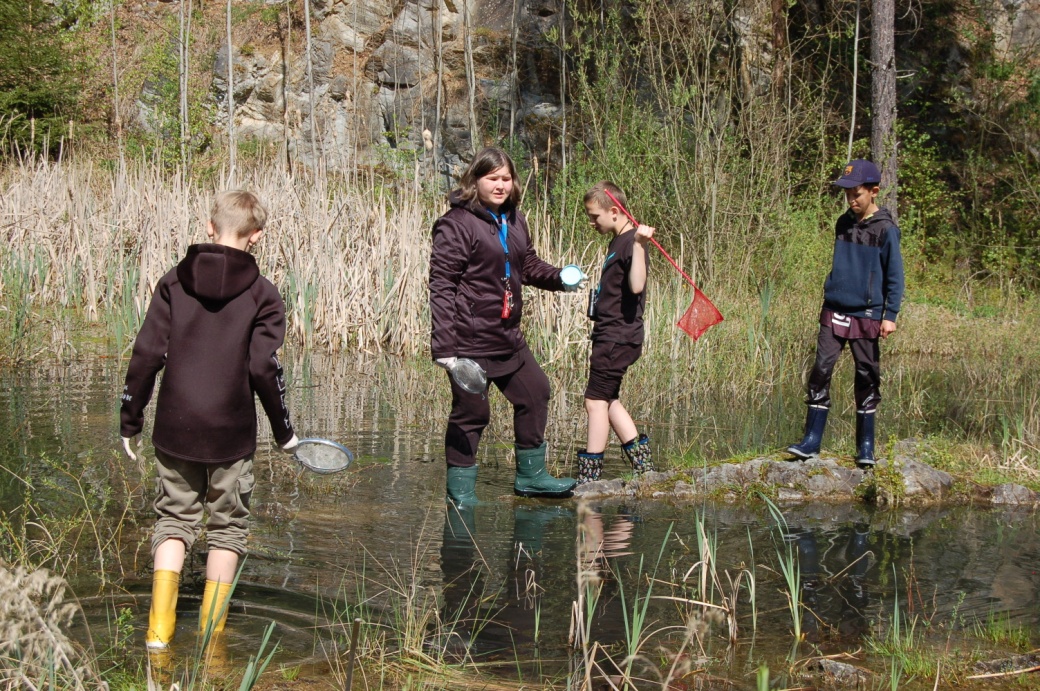 Žáci ZŠ Vorlina Vlašim loví obojživelníky cedníky.
